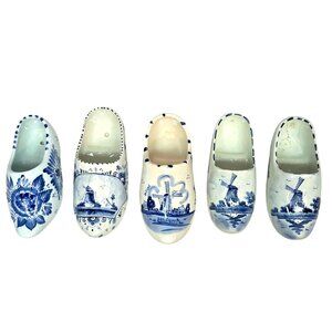 Set Of 5 Delft Blue Hand-Painted Ceramic Dutch Clogs With Windmill Designs
